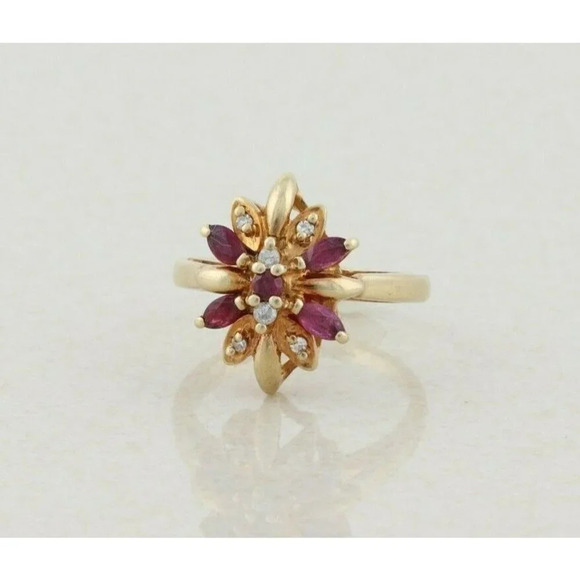 10k Yellow Gold Natural Ruby and Diamond Flower Ring Size 5 1/4 - Picture 6 of 8